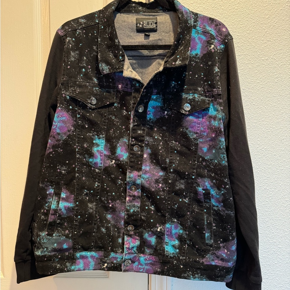 XXX RUDE Galaxy Print Denim Black Fleece Hooded Jacket size XL Mens (unisex)